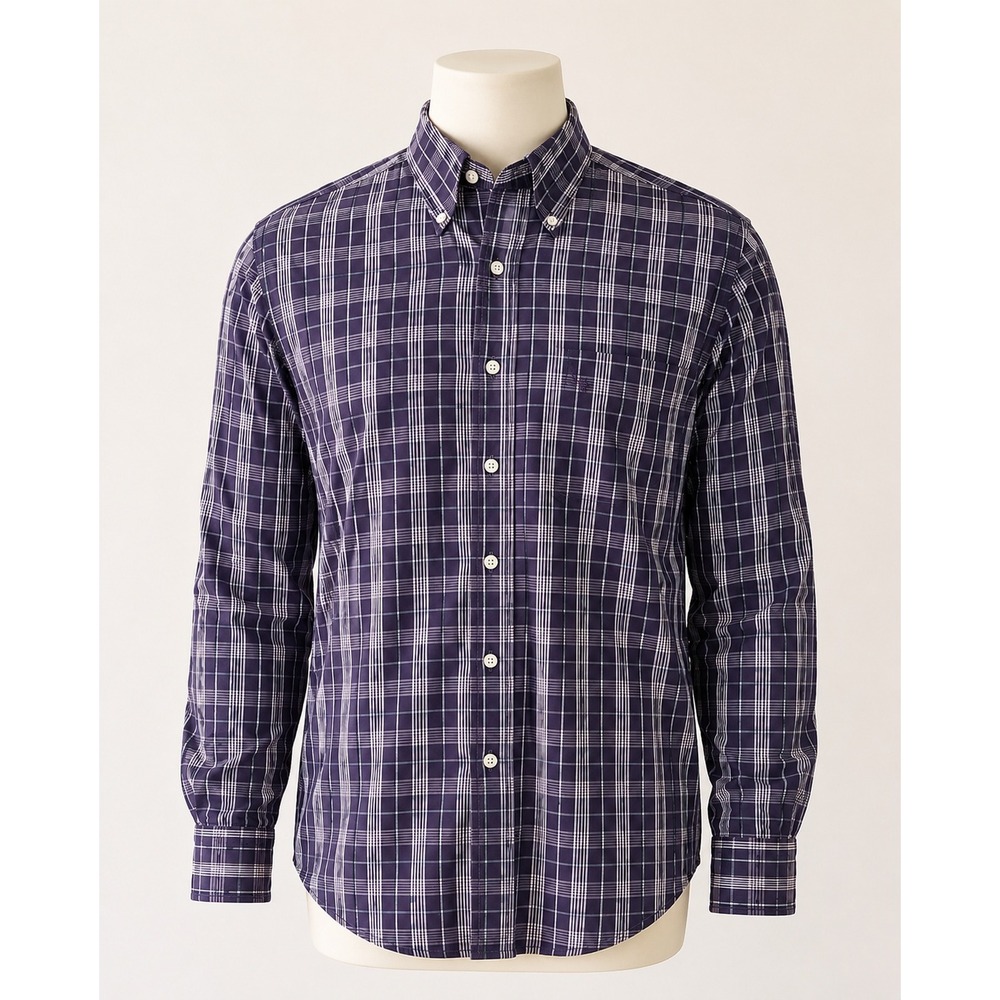 Nautica Navy Blue Windowpane Plaid Shirt L Classic Cotton Button Down Preppy